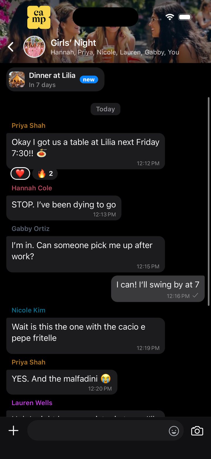Girls’ Night’s group chat in Camp, planning dinner at Lilia, with the plan pinned at the top