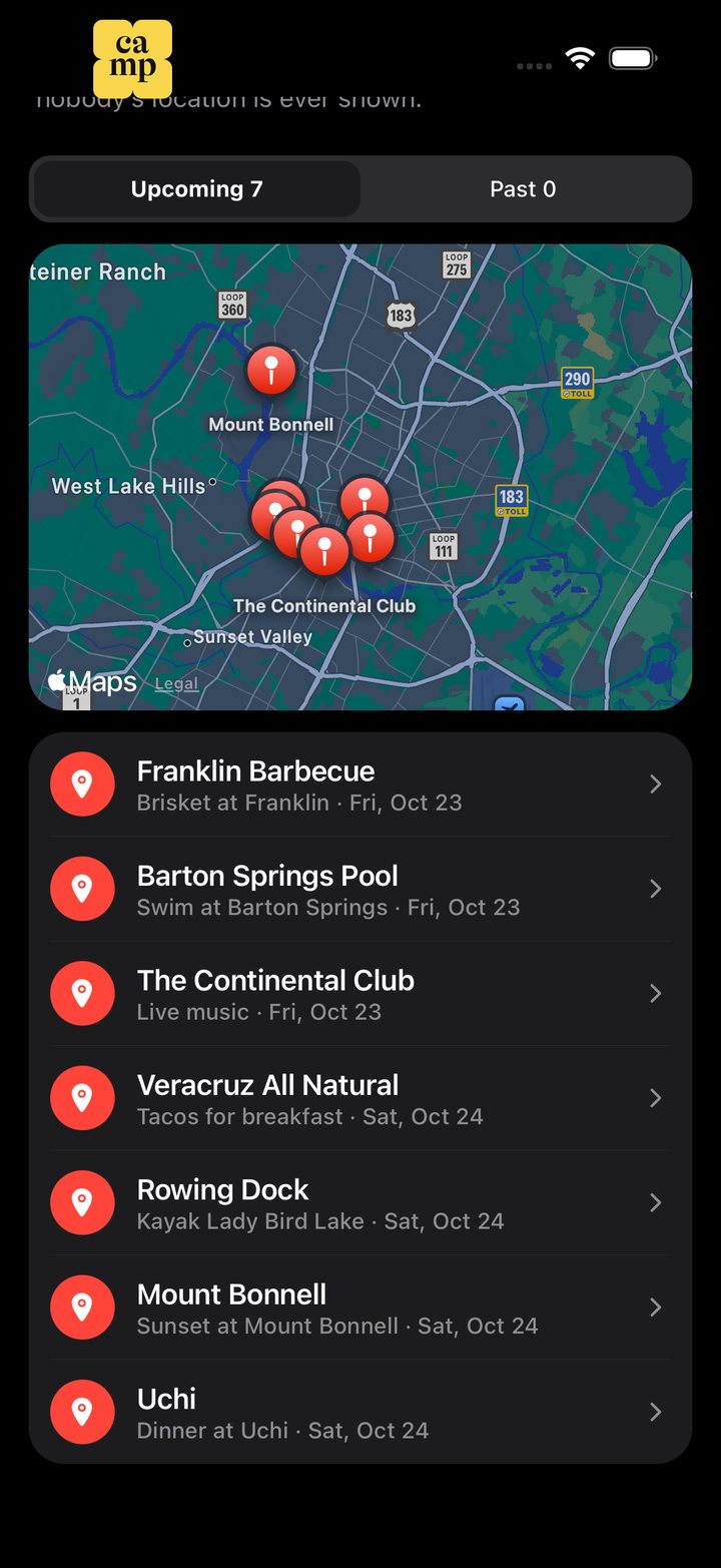 Austin Weekend’s places in Camp: a map of Austin with seven pins, then Franklin Barbecue, Barton Springs Pool and the rest
