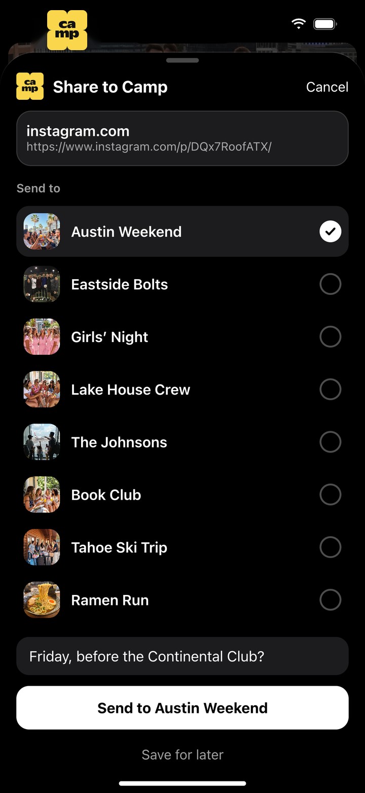 Camp’s share sheet over an Instagram post: Share to Camp, the link, Austin Weekend picked from your groups, and Send to Austin Weekend