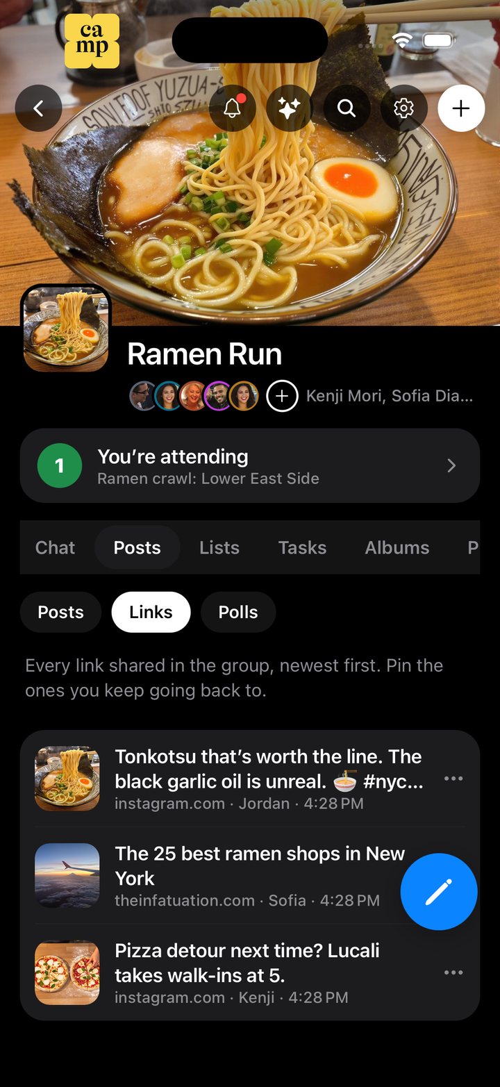 Ramen Run’s Posts in Camp: links shared from Instagram and The Infatuation, each with its photo and who shared it