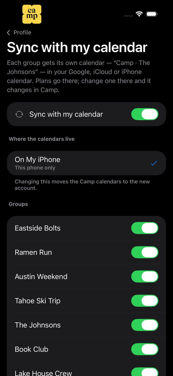 Camp’s Sync with my calendar settings: on, On My iPhone, and a switch for each group